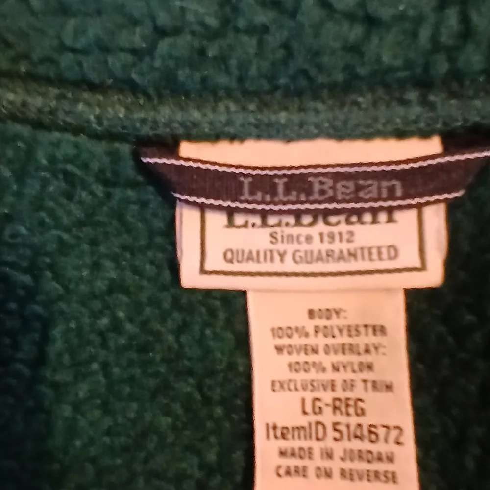 L.L. Bean Men's windproof fleece jacket, Green /Black POLARTEC Full Zip LG-REG